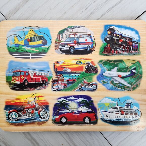 Wooden Sound Puzzle Vehicles Transportation–Train Fire Truck Ambulance & more - Picture 1 of 5
